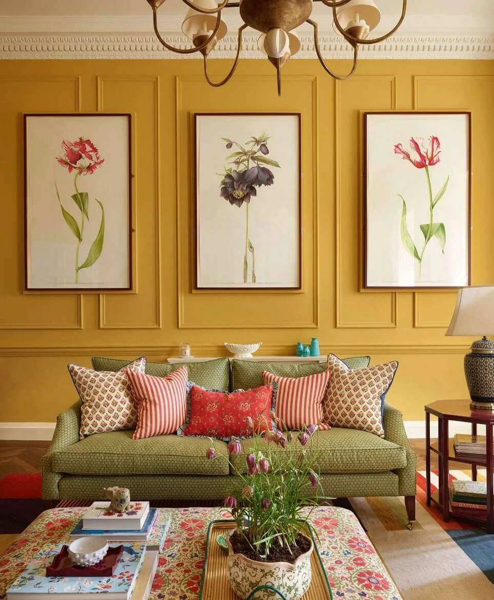 Botanical Prints Add Framed Color to Yellow Walls