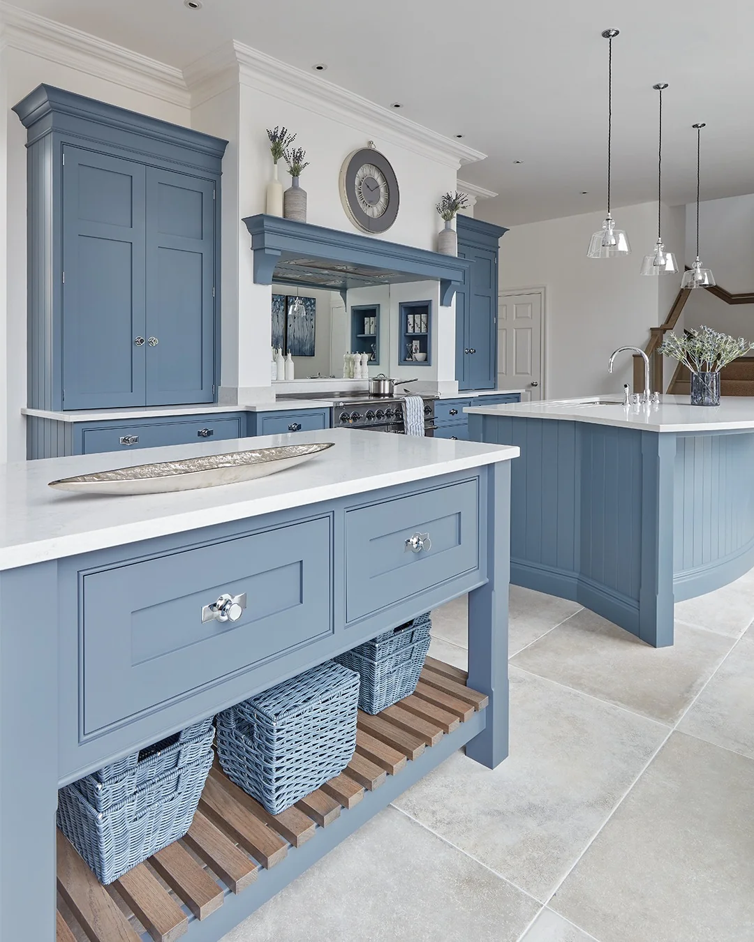 Blue Kitchen Islands With Woven Baskets for Open Storage
