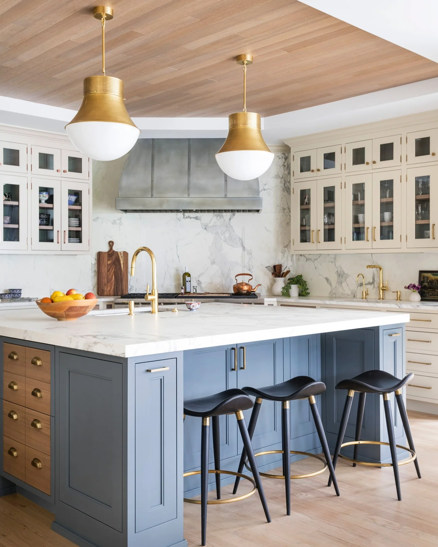 Blue Island with Warm Wood Drawers Adds Contrast