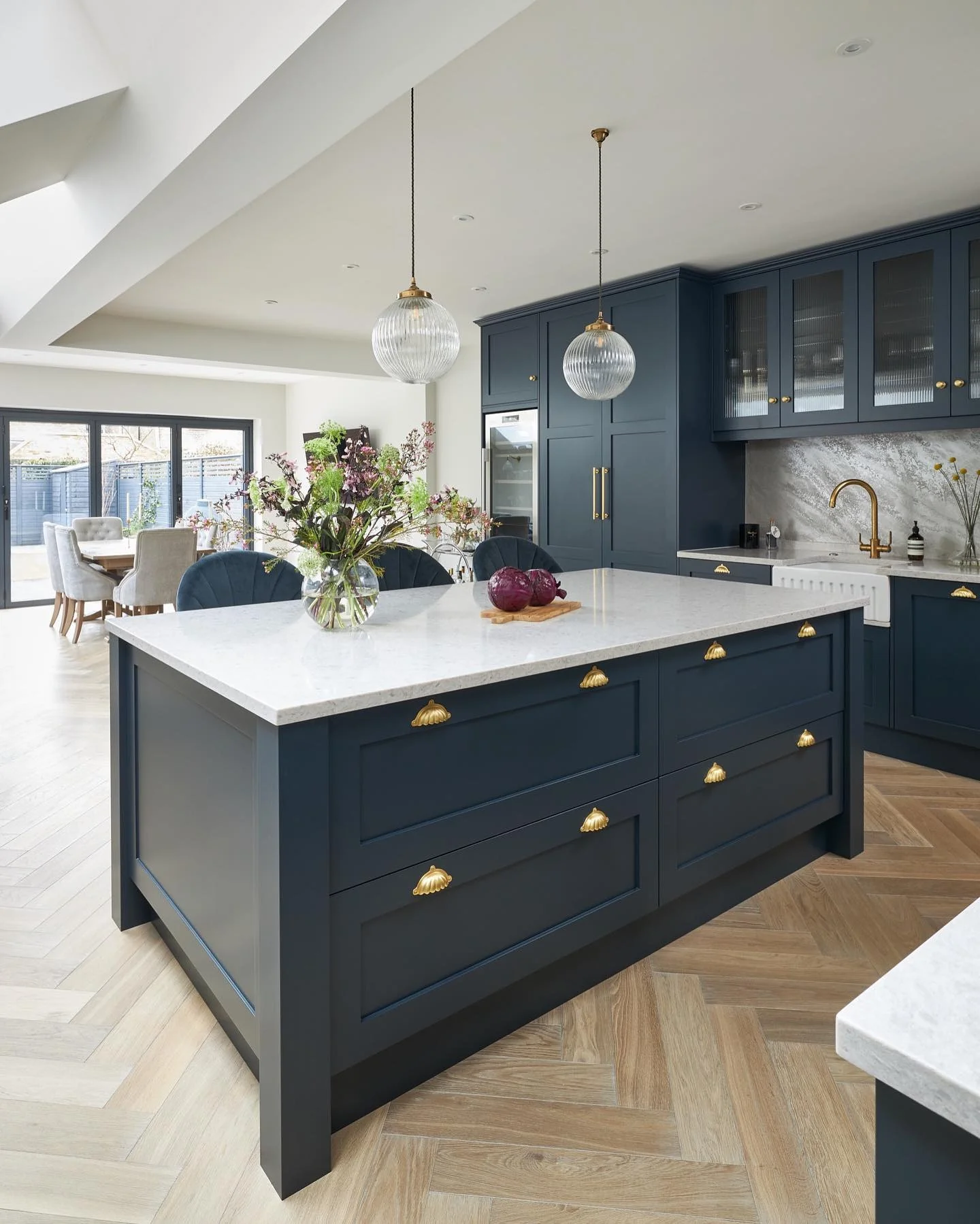 Deep Blue Island with Gold Shell Pulls Adds Classic Charm