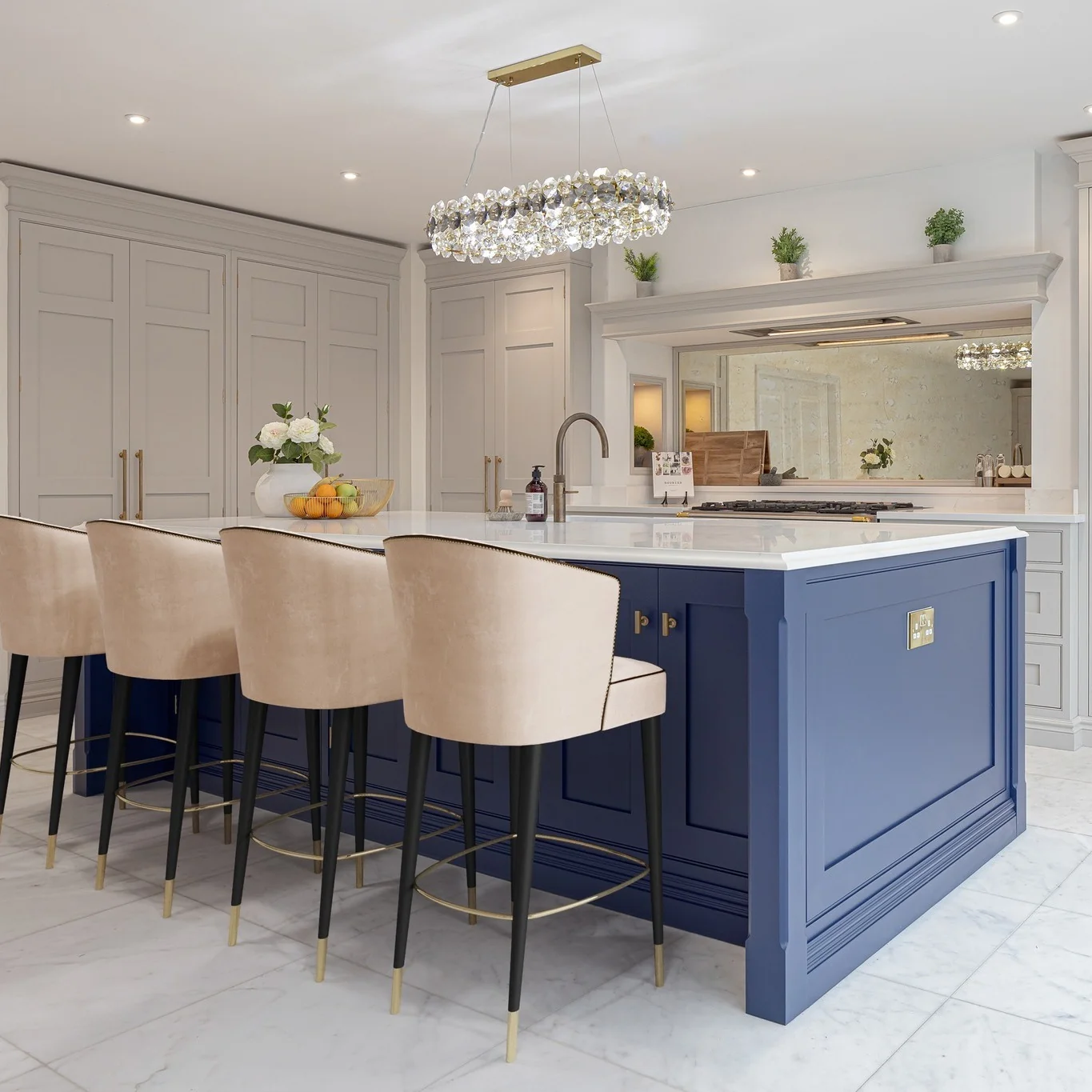Deep Blue Island with Paneled Detail and Brass Outlet