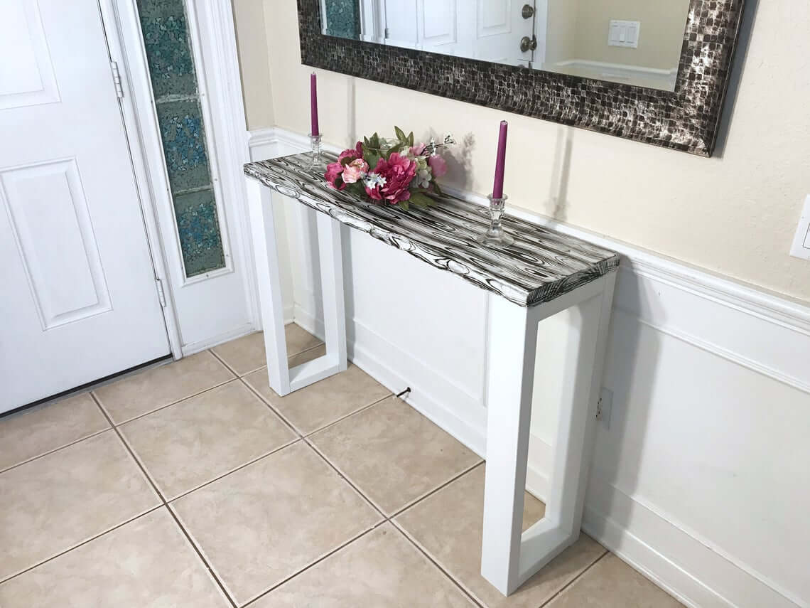 Wood Grain Top Adds Graphic Interest to White Console