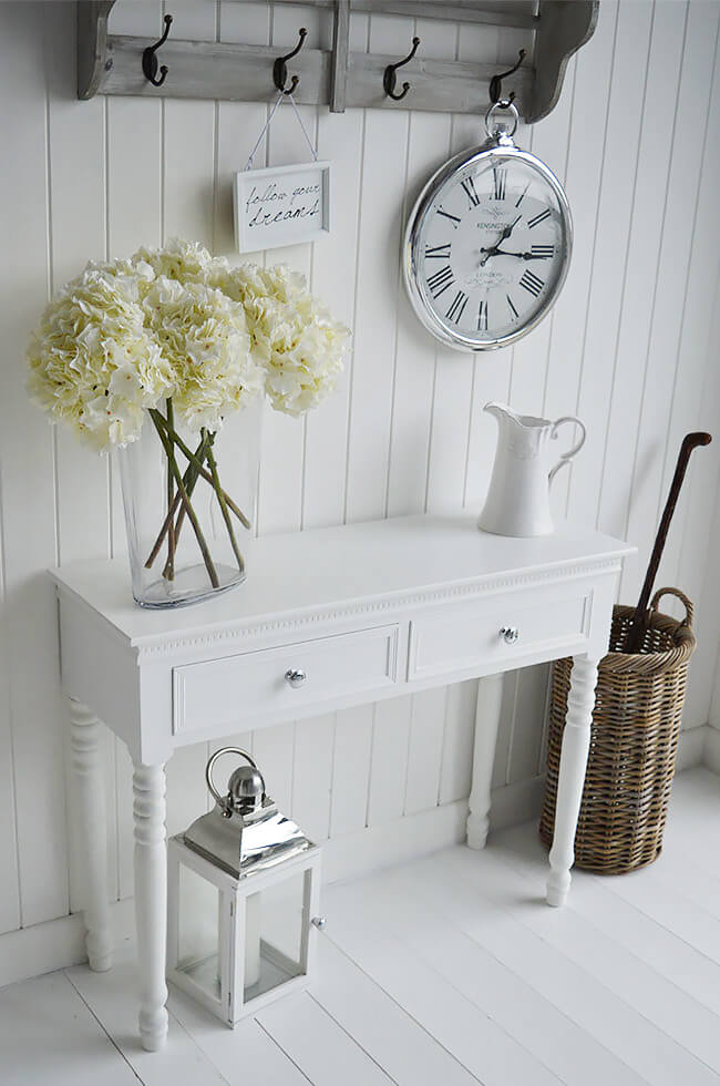 Adorn a White Console with Hydrangeas and a Pitcher