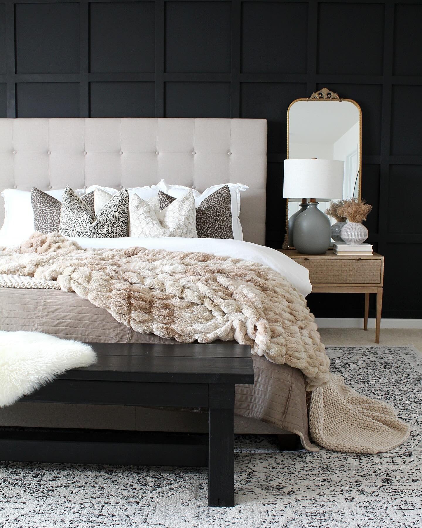 Soften Geometric Paneling with a Tufted Headboard