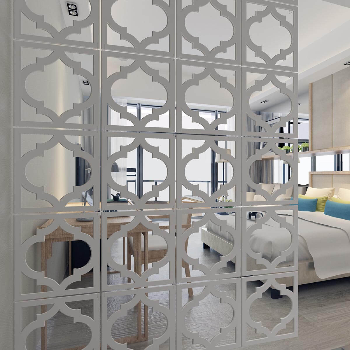 White Quatrefoil Panels for a Mirrored Effect