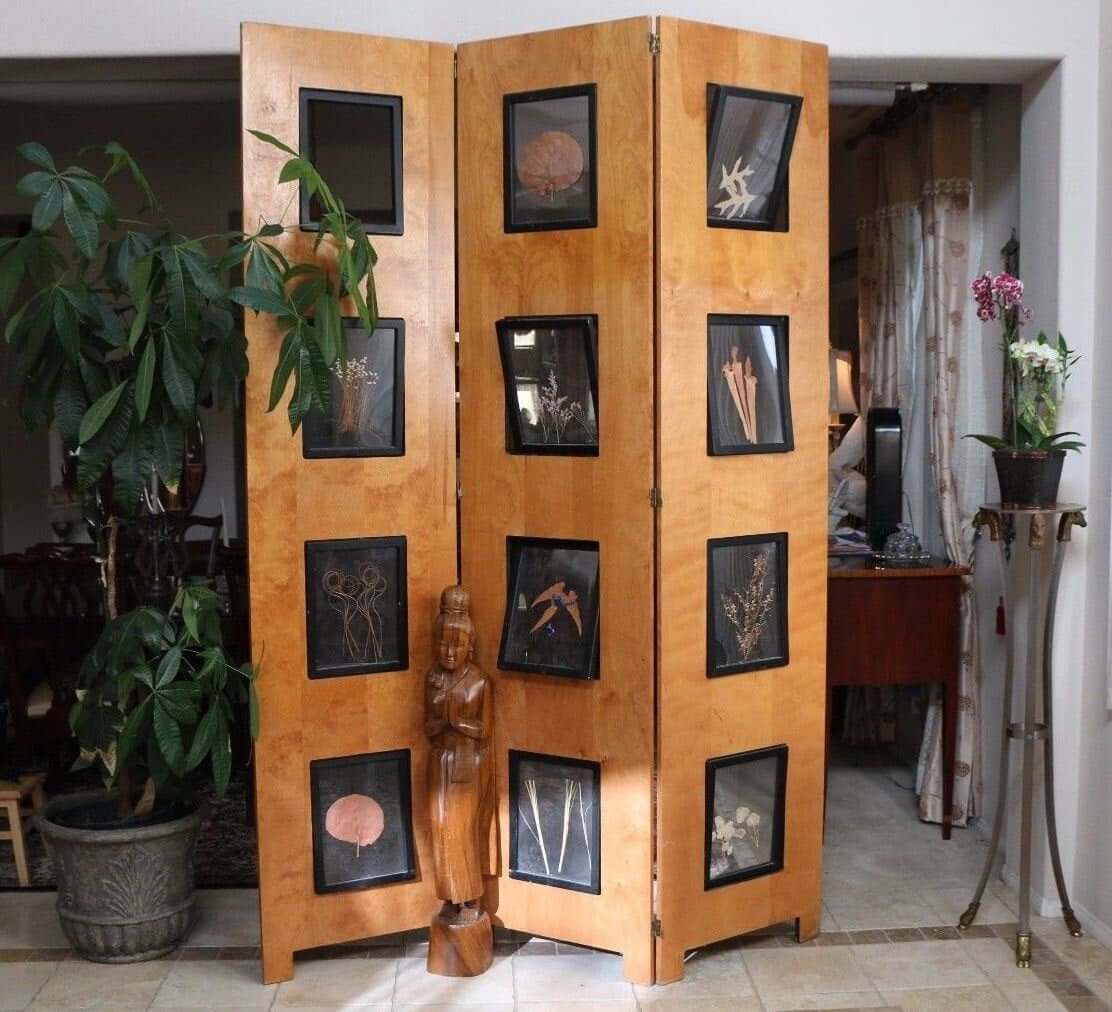 Wooden Folding Screen with Framed Botanicals