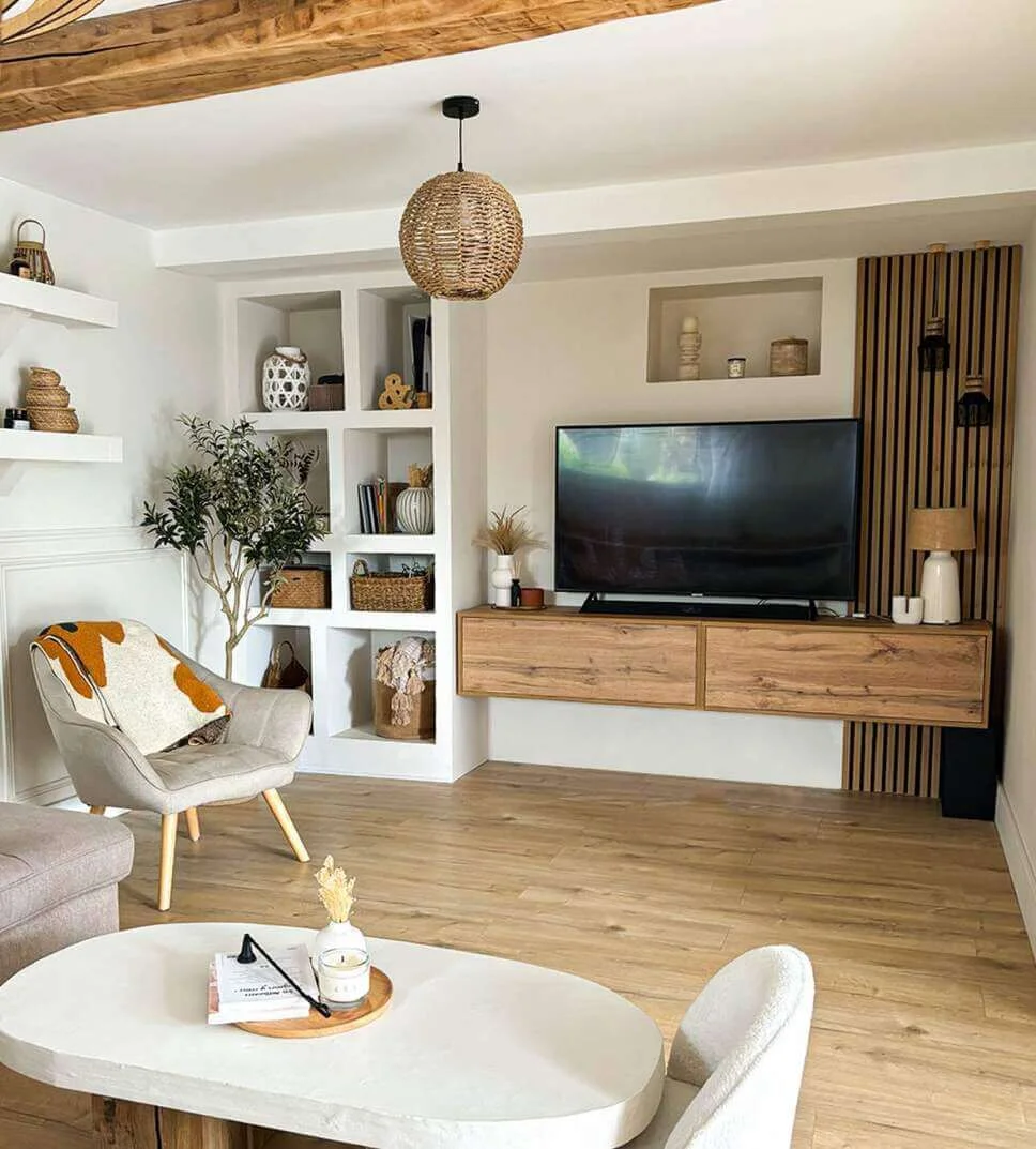 Wood Slat Panel Behind TV Adds Warm Texture