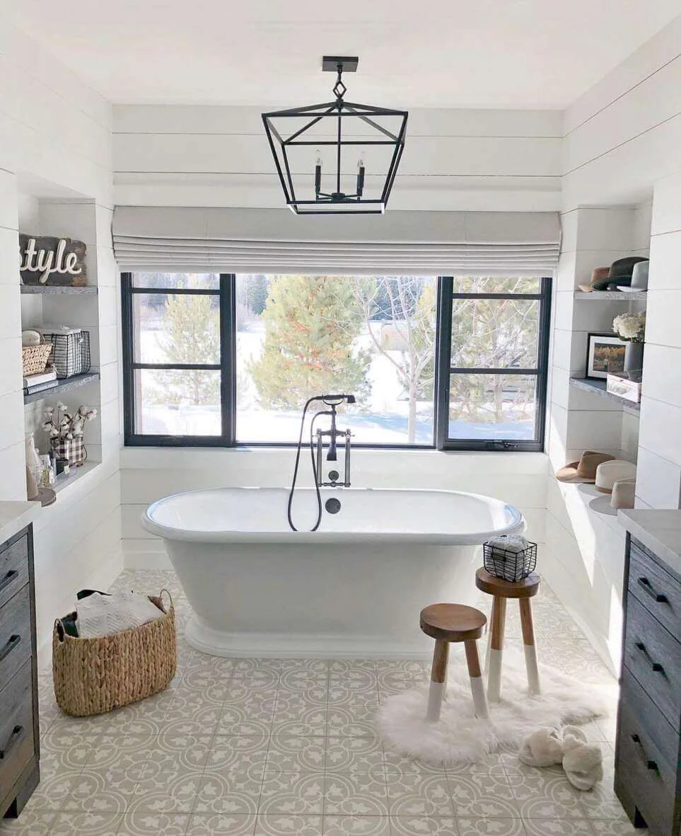 Anchor Your Freestanding Tub with Geometric Floor Tiles