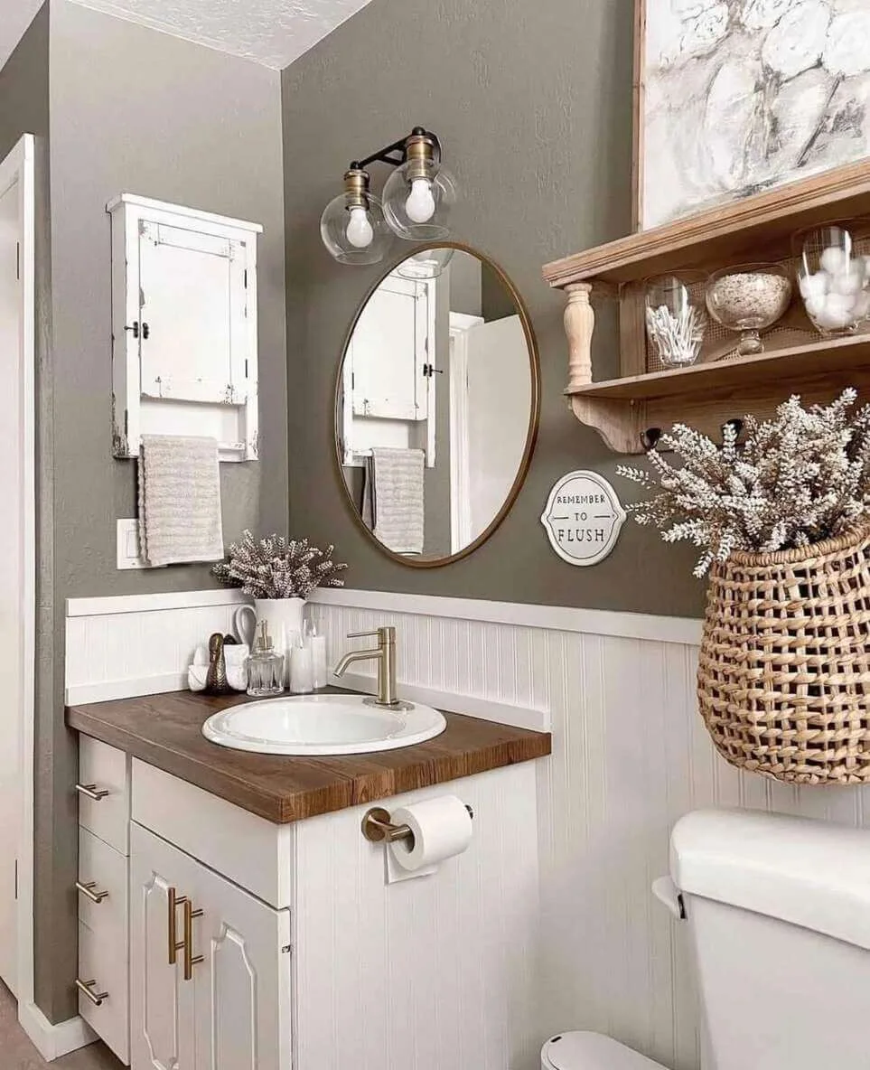 Woven Basket Adds Natural Texture Above the Toilet