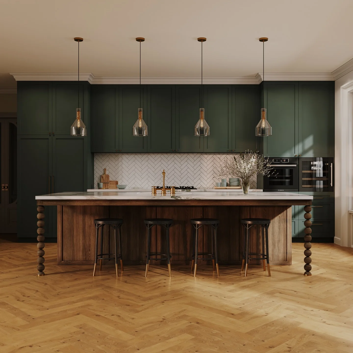 Dramatic Green Shaker Cabinets Pair With Herringbone Backsplash